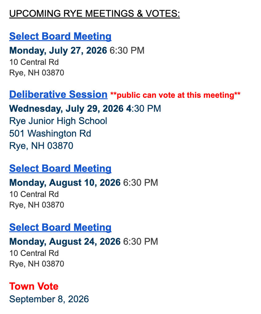 Upcoming Rye Town Meetings & Votes